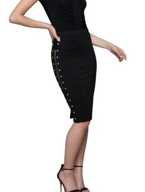 BNWT bebe Black Studded Mesh Panel Midi Pencil Skirt Bodycon Classy Sexy